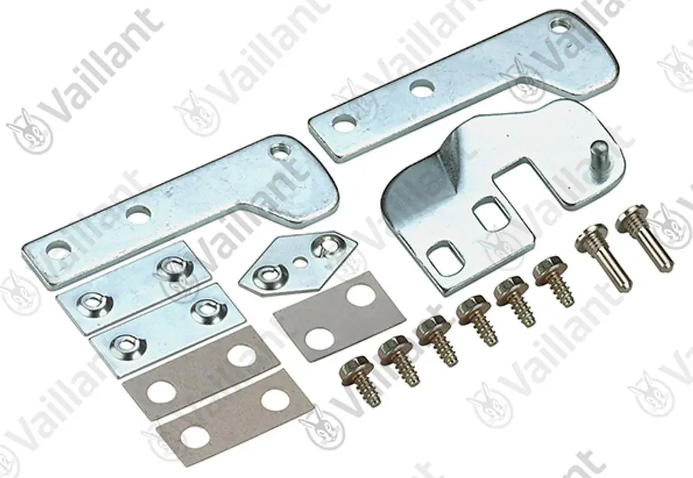 Befestigungssatz mit verschiedenen Metallplatten und Schrauben von Vaillant, geeignet für Heizsysteme. Komponenten sind klar sichtbar.